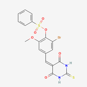 molecular formula C18H13BrN2O6S2 B4053841 [2-Bromo-4-[(4,6-dioxo-2-sulfanylidene-1,3-diazinan-5-ylidene)methyl]-6-methoxyphenyl] benzenesulfonate 