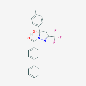 molecular formula C24H19F3N2O2 B405387 1-([1,1'-biphenyl]-4-ylcarbonyl)-5-(4-methylphenyl)-3-(trifluoromethyl)-4,5-dihydro-1H-pyrazol-5-ol 