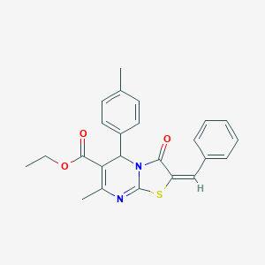 molecular formula C24H22N2O3S B405421 Ethyl (2E)-2-benzylidene-7-methyl-5-(4-methylphenyl)-3-oxo-2,3-dihydro-5H-[1,3]thiazolo[3,2-A]pyrimidine-6-carboxylate 