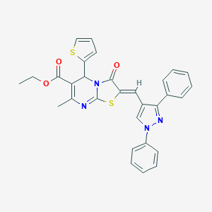 molecular formula C30H24N4O3S2 B405454 ethyl 2-[(1,3-diphenyl-1H-pyrazol-4-yl)methylene]-7-methyl-3-oxo-5-(2-thienyl)-2,3-dihydro-5H-[1,3]thiazolo[3,2-a]pyrimidine-6-carboxylate 