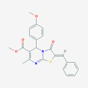 molecular formula C23H20N2O4S B405457 7-Methyl-2-benzylidene-3-oxo-5-(4-methoxyphenyl)-2,3-dihydro-5H-thiazolo[3,2-a]pyrimidine-6-carboxylic acid methyl ester 