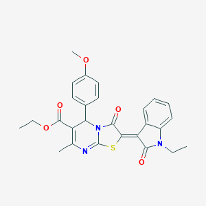 molecular formula C27H25N3O5S B405464 ethyl (2Z)-2-(1-ethyl-2-oxo-1,2-dihydro-3H-indol-3-ylidene)-5-(4-methoxyphenyl)-7-methyl-3-oxo-2,3-dihydro-5H-[1,3]thiazolo[3,2-a]pyrimidine-6-carboxylate 