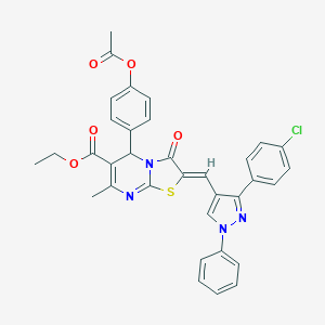 molecular formula C34H27ClN4O5S B405472 ethyl 5-[4-(acetyloxy)phenyl]-2-{[3-(4-chlorophenyl)-1-phenyl-1H-pyrazol-4-yl]methylene}-7-methyl-3-oxo-2,3-dihydro-5H-[1,3]thiazolo[3,2-a]pyrimidine-6-carboxylate 