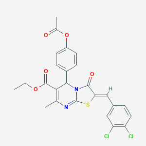 molecular formula C25H20Cl2N2O5S B405474 ethyl 5-[4-(acetyloxy)phenyl]-2-(3,4-dichlorobenzylidene)-7-methyl-3-oxo-2,3-dihydro-5H-[1,3]thiazolo[3,2-a]pyrimidine-6-carboxylate 
