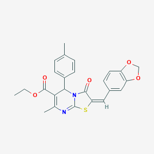 molecular formula C25H22N2O5S B405477 Ethyl (2E)-2-(1,3-benzodioxol-5-ylmethylene)-7-methyl-5-(4-methylphenyl)-3-oxo-2,3-dihydro-5H-[1,3]thiazolo[3,2-A]pyrimidine-6-carboxylate 