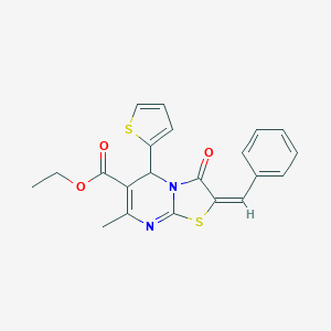 molecular formula C21H18N2O3S2 B405480 (E)-ethyl 2-benzylidene-7-methyl-3-oxo-5-(thiophen-2-yl)-3,5-dihydro-2H-thiazolo[3,2-a]pyrimidine-6-carboxylate CAS No. 324072-17-5