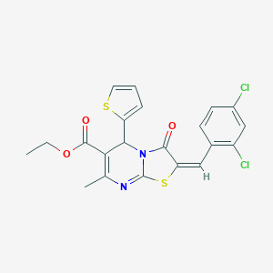 molecular formula C21H16Cl2N2O3S2 B405483 ethyl 2-(2,4-dichlorobenzylidene)-7-methyl-3-oxo-5-(2-thienyl)-2,3-dihydro-5H-[1,3]thiazolo[3,2-a]pyrimidine-6-carboxylate 