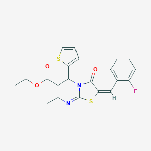 molecular formula C21H17FN2O3S2 B405489 ethyl (2E)-2-[(2-fluorophenyl)methylidene]-7-methyl-3-oxo-5-thiophen-2-yl-5H-[1,3]thiazolo[3,2-a]pyrimidine-6-carboxylate CAS No. 324072-24-4