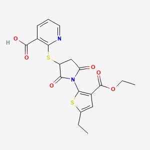 molecular formula C19H18N2O6S2 B4055479 2-({1-[3-(ethoxycarbonyl)-5-ethyl-2-thienyl]-2,5-dioxo-3-pyrrolidinyl}thio)nicotinic acid 