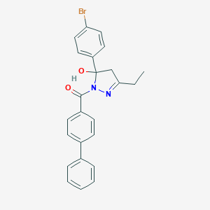 molecular formula C24H21BrN2O2 B405561 1-([1,1'-biphenyl]-4-ylcarbonyl)-5-(4-bromophenyl)-3-ethyl-4,5-dihydro-1H-pyrazol-5-ol 