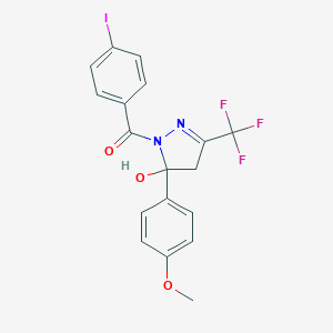 molecular formula C18H14F3IN2O3 B405571 1-(4-iodobenzoyl)-5-(4-methoxyphenyl)-3-(trifluoromethyl)-4,5-dihydro-1H-pyrazol-5-ol 
