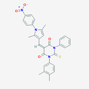 molecular formula C31H26N4O4S B405582 1-(3,4-dimethylphenyl)-5-[(1-{4-nitrophenyl}-2,5-dimethyl-1H-pyrrol-3-yl)methylene]-3-phenyl-2-thioxodihydro-4,6(1H,5H)-pyrimidinedione 