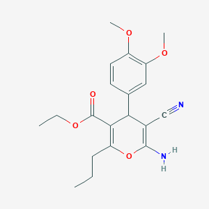 molecular formula C20H24N2O5 B405613 6-アミノ-5-シアノ-4-(3,4-ジメトキシフェニル)-2-プロピル-4H-ピラン-3-カルボン酸エチル CAS No. 331977-47-0