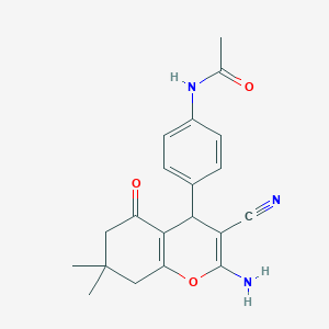 molecular formula C20H21N3O3 B405615 N-[4-(2-amino-3-cyano-7,7-dimethyl-5-oxo-5,6,7,8-tetrahydro-4H-chromen-4-yl)phenyl]acetamide 