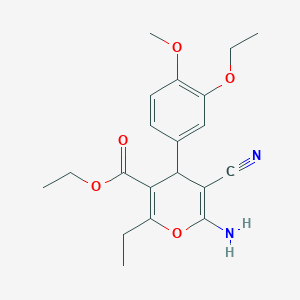 molecular formula C20H24N2O5 B405645 ethyl 6-amino-5-cyano-4-(3-ethoxy-4-methoxyphenyl)-2-ethyl-4H-pyran-3-carboxylate 