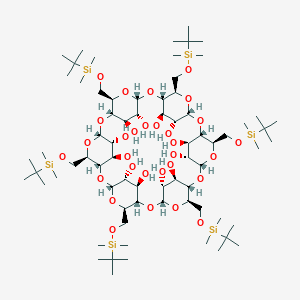 molecular formula C72H144O30Si6 B040570 (1S,3R,5R,6S,8R,10R,11S,13R,15R,16S,18R,20R,21S,23R,25R,26S,28R,30R,31R,32R,33R,34R,35R,36R,37R,38R,39R,40R,41R,42R)-5,10,15,20,25,30-Hexakis[[tert-butyl(dimethyl)silyl]oxymethyl]-2,4,7,9,12,14,17,19,22,24,27,29-dodecaoxaheptacyclo[26.2.2.23,6.28,11.213,16.218,21.223,26]dotetracontane-31,32,33,34,35,36,37,38,39,40,41,42-dodecol CAS No. 118646-79-0