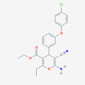 molecular formula C23H21ClN2O4 B405715 ethyl 6-amino-4-[3-(4-chlorophenoxy)phenyl]-5-cyano-2-ethyl-4H-pyran-3-carboxylate 