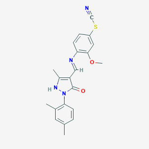 molecular formula C21H20N4O2S B405738 4-({[1-(2,4-dimethylphenyl)-3-methyl-5-oxo-1,5-dihydro-4H-pyrazol-4-ylidene]methyl}amino)-3-methoxybenzenesulfenyl cyanide 