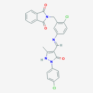 molecular formula C26H18Cl2N4O3 B405739 2-[2-chloro-5-({(E)-[1-(4-chlorophenyl)-3-methyl-5-oxo-1,5-dihydro-4H-pyrazol-4-ylidene]methyl}amino)benzyl]-1H-isoindole-1,3(2H)-dione 