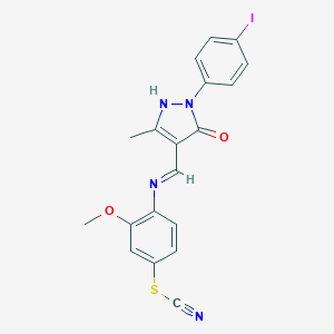 molecular formula C19H15IN4O2S B405744 4-({[1-(4-iodophenyl)-3-methyl-5-oxo-1,5-dihydro-4H-pyrazol-4-ylidene]methyl}amino)-3-methoxyphenyl thiocyanate 