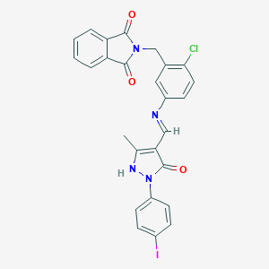 molecular formula C26H18ClIN4O3 B405746 2-[2-chloro-5-({[1-(4-iodophenyl)-3-methyl-5-oxo-1,5-dihydro-4H-pyrazol-4-ylidene]methyl}amino)benzyl]-1H-isoindole-1,3(2H)-dione 