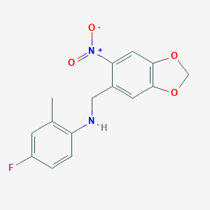 molecular formula C15H13FN2O4 B405776 4-fluoro-2-methyl-N-[(6-nitro-1,3-benzodioxol-5-yl)methyl]aniline 