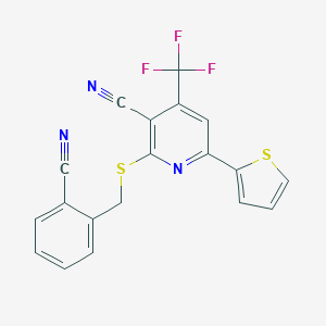 molecular formula C19H10F3N3S2 B405833 2-[(2-Cyanobenzyl)sulfanyl]-6-thien-2-yl-4-(trifluoromethyl)nicotinonitrile 