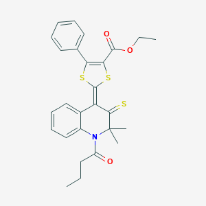 molecular formula C27H27NO3S3 B406047 ethyl (2Z)-2-(1-butanoyl-2,2-dimethyl-3-sulfanylidenequinolin-4-ylidene)-5-phenyl-1,3-dithiole-4-carboxylate CAS No. 331973-72-9