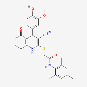 molecular formula C28H29N3O4S B4060562 2-{[3-cyano-4-(4-hydroxy-3-methoxyphenyl)-5-oxo-1,4,5,6,7,8-hexahydro-2-quinolinyl]thio}-N-mesitylacetamide 