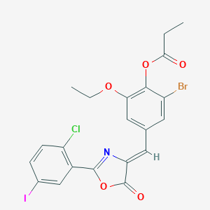 molecular formula C21H16BrClINO5 B406063 2-bromo-4-[(2-(2-chloro-5-iodophenyl)-5-oxo-1,3-oxazol-4(5H)-ylidene)methyl]-6-ethoxyphenyl propionate 