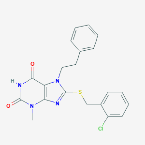 molecular formula C21H19ClN4O2S B406168 8-(2-Chloro-benzylsulfanyl)-3-methyl-7-phenethyl-3,7-dihydro-purine-2,6-dione CAS No. 332149-63-0