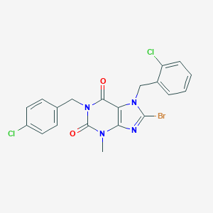 molecular formula C20H15BrCl2N4O2 B406195 8-bromo-7-(2-chlorobenzyl)-1-(4-chlorobenzyl)-3-methyl-3,7-dihydro-1H-purine-2,6-dione CAS No. 303973-58-2