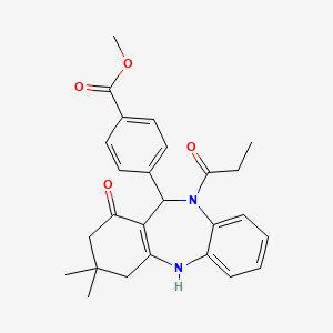 molecular formula C26H28N2O4 B4062631 methyl 4-(3,3-dimethyl-1-oxo-10-propionyl-2,3,4,5,10,11-hexahydro-1H-dibenzo[b,e][1,4]diazepin-11-yl)benzoate 