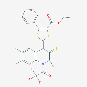 molecular formula C27H24F3NO3S3 B406287 ethyl 5-phenyl-2-(2,2,6,7-tetramethyl-3-thioxo-1-(trifluoroacetyl)-2,3-dihydro-4(1H)-quinolinylidene)-1,3-dithiole-4-carboxylate 