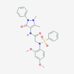 molecular formula C27H28N4O6S B406289 2-[2,4-dimethoxy(phenylsulfonyl)anilino]-N-(1,5-dimethyl-3-oxo-2-phenyl-2,3-dihydro-1H-pyrazol-4-yl)acetamide 
