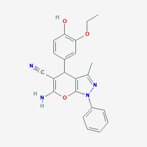 molecular formula C22H20N4O3 B406298 6-Amino-4-(3-ethoxy-4-hydroxyphenyl)-3-methyl-1-phenyl-1,4-dihydropyrano[2,3-c]pyrazole-5-carbonitrile CAS No. 333341-50-7