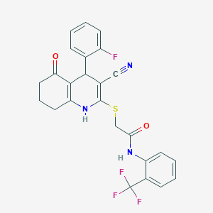 molecular formula C25H19F4N3O2S B4062993 2-{[3-cyano-4-(2-fluorophenyl)-5-oxo-1,4,5,6,7,8-hexahydro-2-quinolinyl]thio}-N-[2-(trifluoromethyl)phenyl]acetamide 