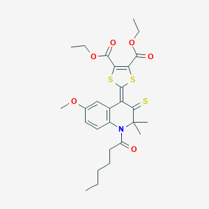 molecular formula C27H33NO6S3 B406328 diethyl 2-(1-hexanoyl-6-methoxy-2,2-dimethyl-3-thioxo-2,3-dihydro-4(1H)-quinolinylidene)-1,3-dithiole-4,5-dicarboxylate 