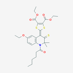 molecular formula C28H35NO6S3 B406330 diethyl 2-(6-ethoxy-1-hexanoyl-2,2-dimethyl-3-thioxo-2,3-dihydro-4(1H)-quinolinylidene)-1,3-dithiole-4,5-dicarboxylate 