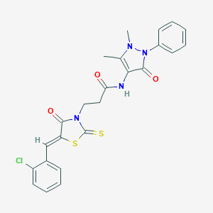 molecular formula C24H21ClN4O3S2 B406378 3-[(5Z)-5-[(2-chlorophenyl)methylidene]-4-oxo-2-sulfanylidene-1,3-thiazolidin-3-yl]-N-(1,5-dimethyl-3-oxo-2-phenylpyrazol-4-yl)propanamide CAS No. 306323-16-0