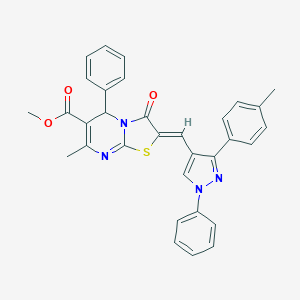 molecular formula C32H26N4O3S B406400 methyl (2Z)-7-methyl-2-[[3-(4-methylphenyl)-1-phenylpyrazol-4-yl]methylidene]-3-oxo-5-phenyl-5H-[1,3]thiazolo[3,2-a]pyrimidine-6-carboxylate CAS No. 313361-42-1