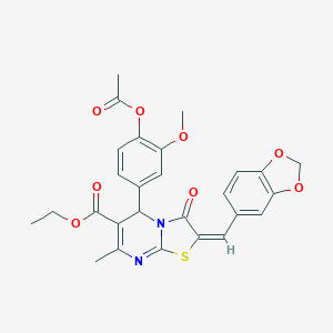 molecular formula C27H24N2O8S B406405 ethyl (2E)-5-(4-acetyloxy-3-methoxyphenyl)-2-(1,3-benzodioxol-5-ylmethylidene)-7-methyl-3-oxo-5H-[1,3]thiazolo[3,2-a]pyrimidine-6-carboxylate CAS No. 324564-27-4