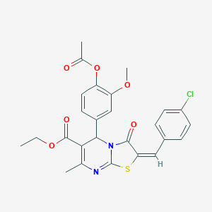 molecular formula C26H23ClN2O6S B406406 ethyl (2E)-5-[4-(acetyloxy)-3-methoxyphenyl]-2-(4-chlorobenzylidene)-7-methyl-3-oxo-2,3-dihydro-5H-[1,3]thiazolo[3,2-a]pyrimidine-6-carboxylate 