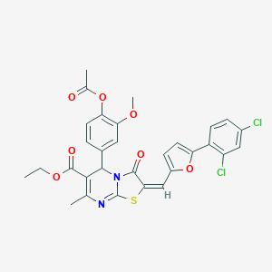 molecular formula C30H24Cl2N2O7S B406415 ethyl 5-[4-(acetyloxy)-3-methoxyphenyl]-2-{[5-(2,4-dichlorophenyl)-2-furyl]methylene}-7-methyl-3-oxo-2,3-dihydro-5H-[1,3]thiazolo[3,2-a]pyrimidine-6-carboxylate 
