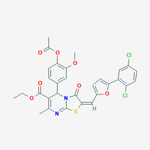 molecular formula C30H24Cl2N2O7S B406416 ethyl (2E)-5-[4-(acetyloxy)-3-methoxyphenyl]-2-{[5-(2,5-dichlorophenyl)furan-2-yl]methylidene}-7-methyl-3-oxo-2,3-dihydro-5H-[1,3]thiazolo[3,2-a]pyrimidine-6-carboxylate 