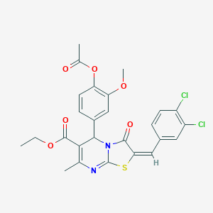 molecular formula C26H22Cl2N2O6S B406420 ethyl (2E)-5-[4-(acetyloxy)-3-methoxyphenyl]-2-(3,4-dichlorobenzylidene)-7-methyl-3-oxo-2,3-dihydro-5H-[1,3]thiazolo[3,2-a]pyrimidine-6-carboxylate 