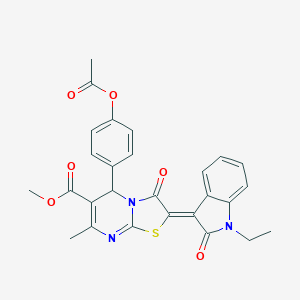 molecular formula C27H23N3O6S B406427 methyl 5-[4-(acetyloxy)phenyl]-2-(1-ethyl-2-oxo-1,2-dihydro-3H-indol-3-ylidene)-7-methyl-3-oxo-2,3-dihydro-5H-[1,3]thiazolo[3,2-a]pyrimidine-6-carboxylate 