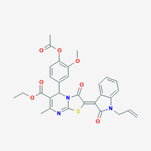 molecular formula C30H27N3O7S B406428 ethyl (2Z)-5-[4-(acetyloxy)-3-methoxyphenyl]-7-methyl-3-oxo-2-[2-oxo-1-(prop-2-en-1-yl)-1,2-dihydro-3H-indol-3-ylidene]-2,3-dihydro-5H-[1,3]thiazolo[3,2-a]pyrimidine-6-carboxylate 