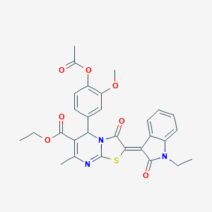 molecular formula C29H27N3O7S B406436 ethyl (2Z)-5-[4-(acetyloxy)-3-methoxyphenyl]-2-(1-ethyl-2-oxo-1,2-dihydro-3H-indol-3-ylidene)-7-methyl-3-oxo-2,3-dihydro-5H-[1,3]thiazolo[3,2-a]pyrimidine-6-carboxylate 