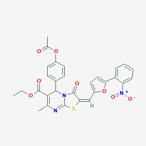 molecular formula C29H23N3O8S B406445 Ethyl 5-(4-acetoxyphenyl)-7-methyl-2-((5-(2-nitrophenyl)furan-2-yl)methylene)-3-oxo-3,5-dihydro-2H-thiazolo[3,2-a]pyrimidine-6-carboxylate 